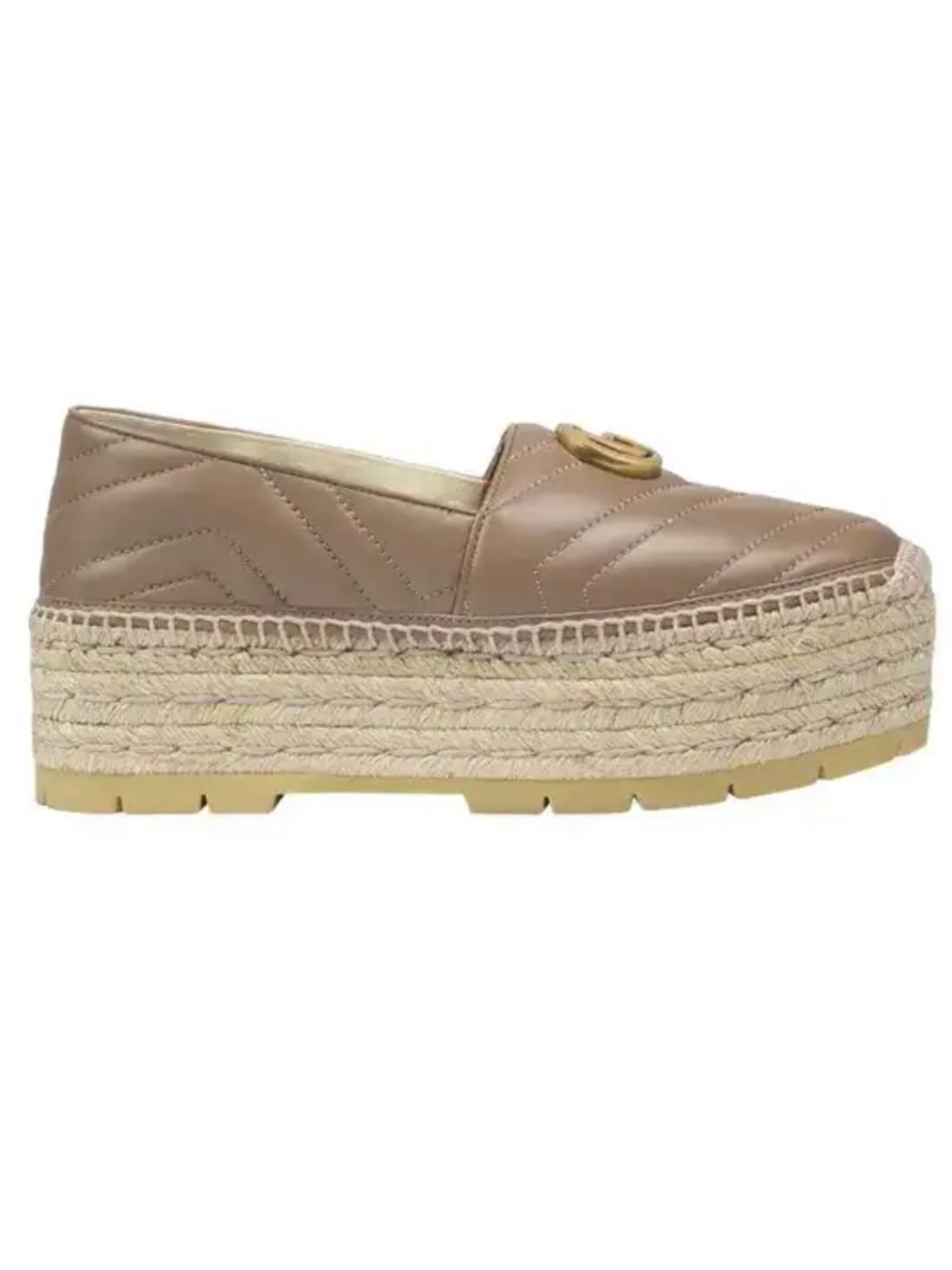 Gucci Quilted Tan Leather Platform Espadrilles with Gold Gg